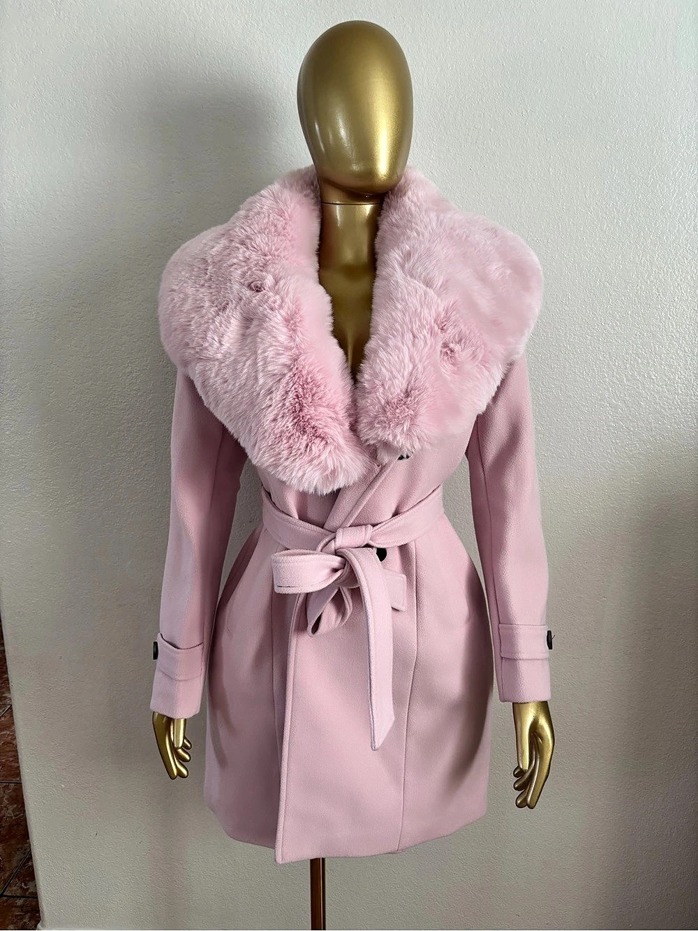 Coalition LA Faux Fur Collar Belted Coat in Pink